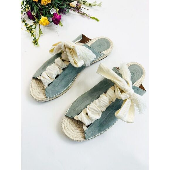 CHLOE Harper Lace-Up Suede Espadrille Flat Sandals in Blue Green Size 39 - Picture 1 of 4